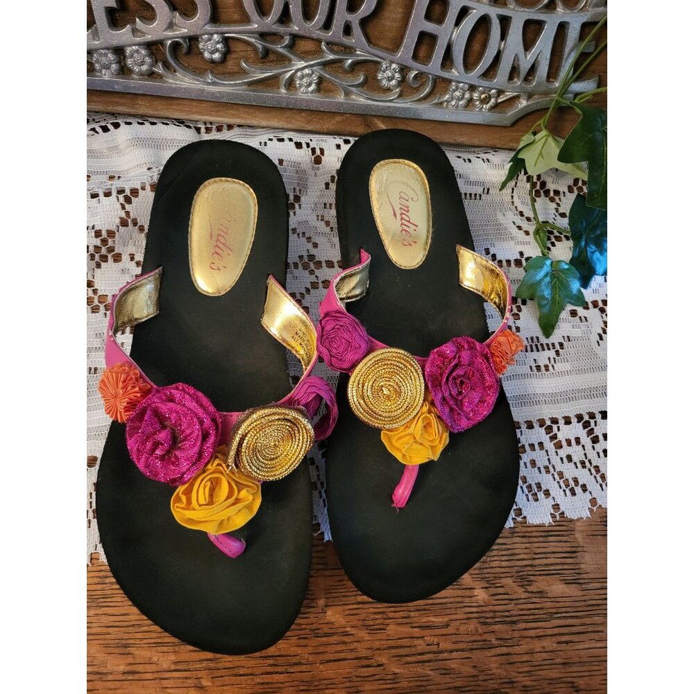 Vintage y2k Pink/Gold Candies  Rose Flip Flop sz M 7/8 Boho Glam Beach Vacation - Picture 3 of 5